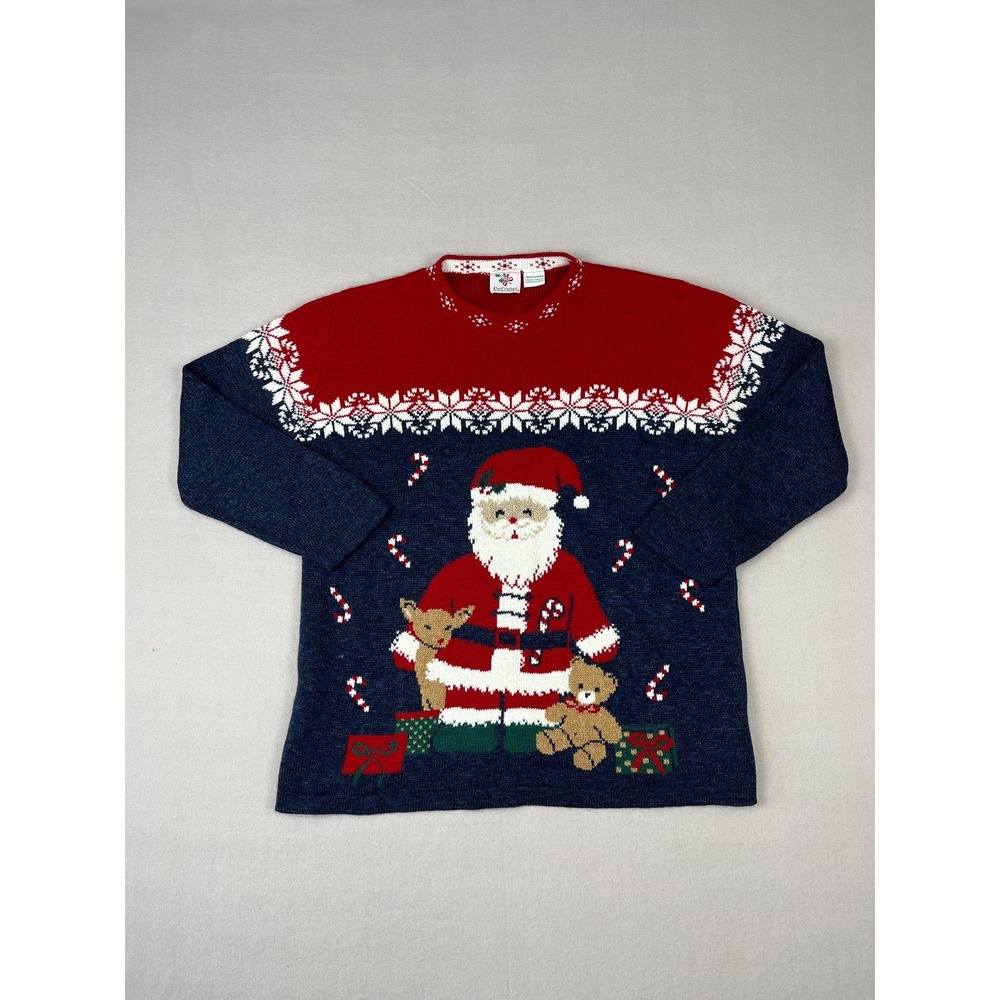 Vintage Santa Claus Christmas Sweater Womens L Red Blue‎ Made USA Pullover